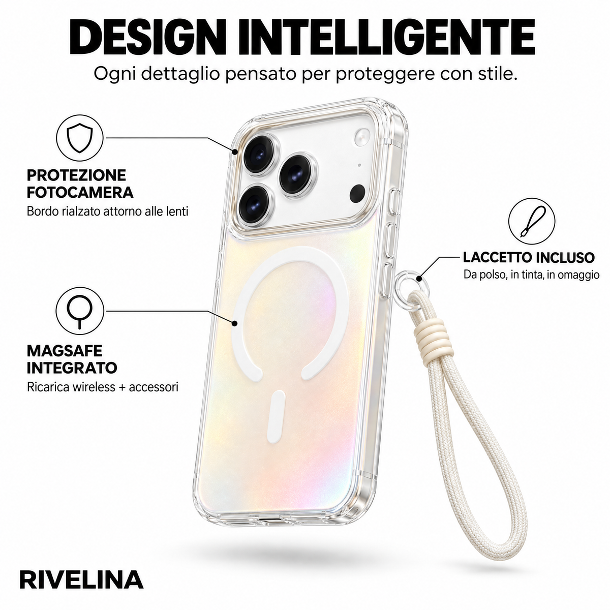 Funda Glamour Iridiscente con Colgante Rivelina™